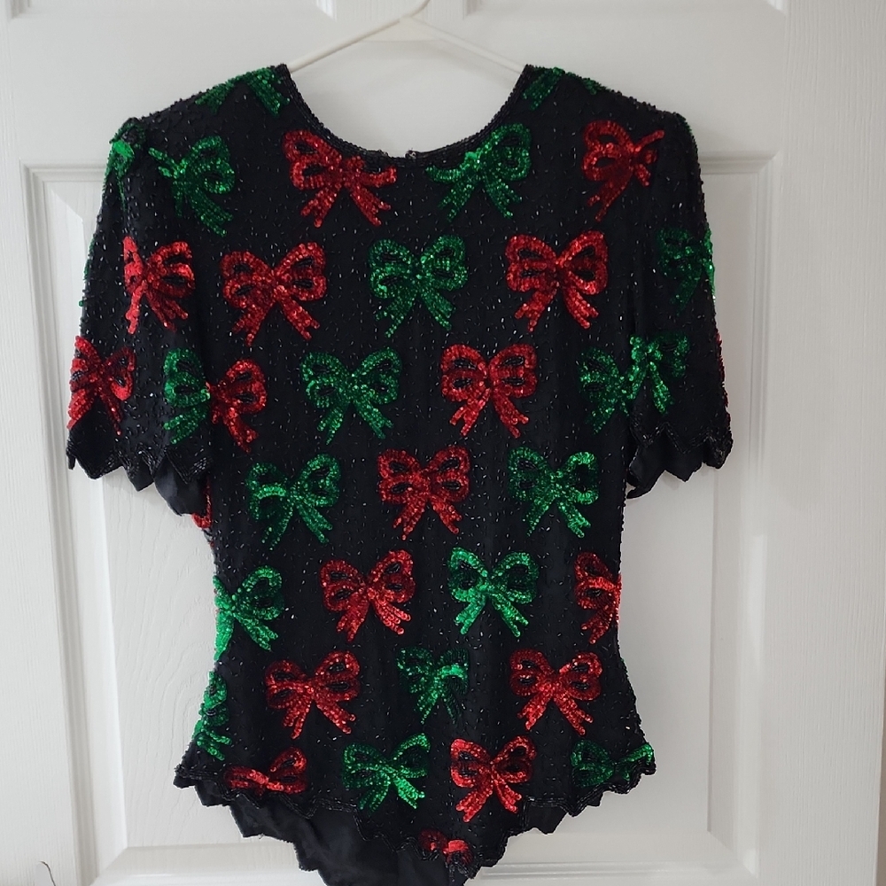 Vintage 80's Laurence Kazar Red and Green Sequin Embellished Blouse SZ M